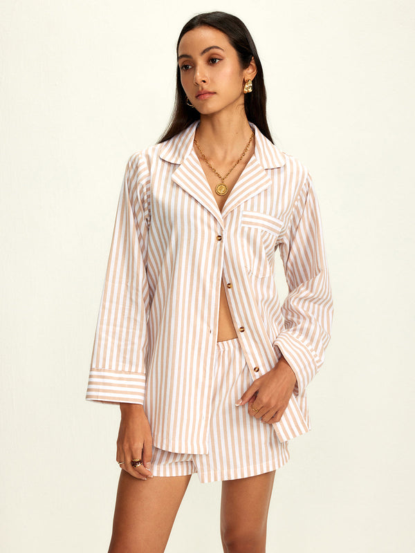 LOVEVVR Cotton Blends Lapel Pinstripe Shorts Set