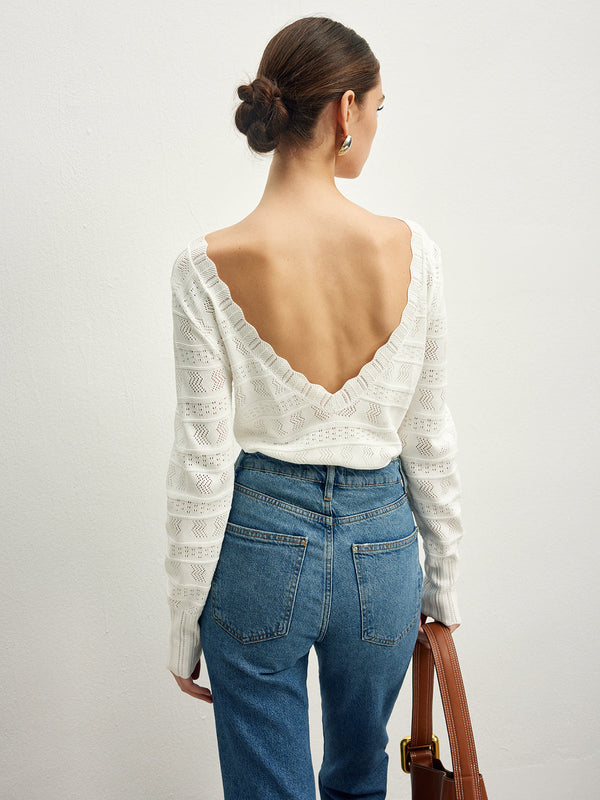 LOVEVVR Lettuce Trim Backless Pointelle Knit Top