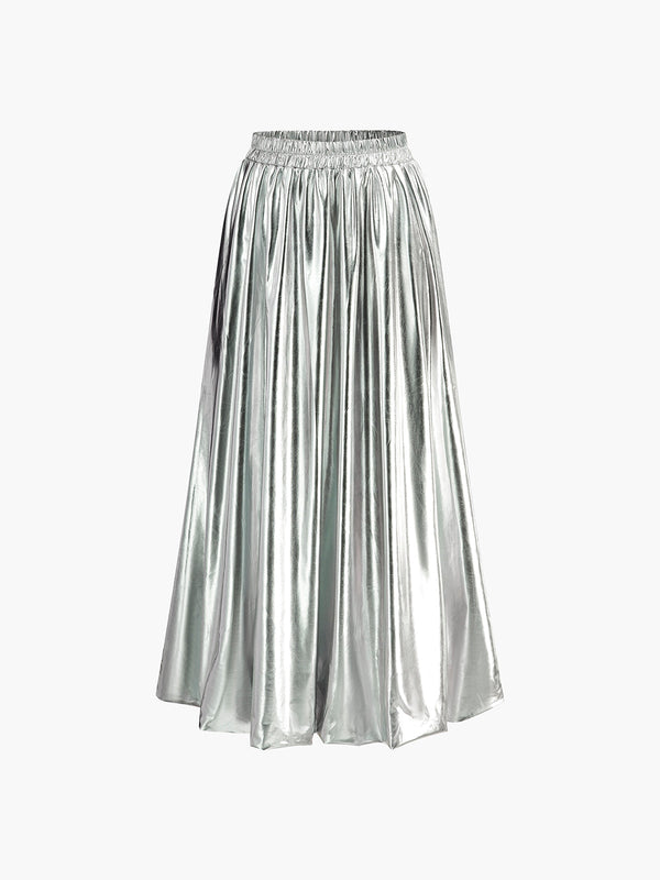 LOVEVVR Lacquered Pleated Bud Waist Skirt