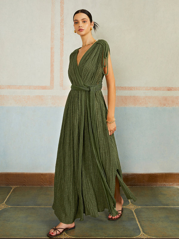 LOVEVVR Casual Pleated Belted Long Dress