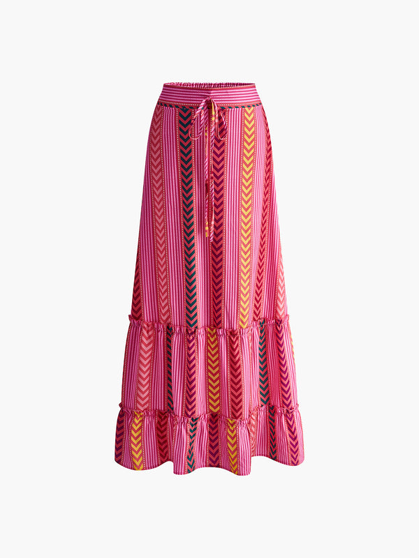 LOVEVVR Boho Printed Drawstring Ruffle Skirt