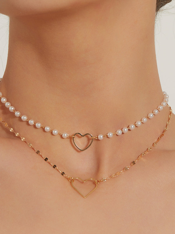 LOVEVVR Double Layer Pearl Heart Pendant Necklace