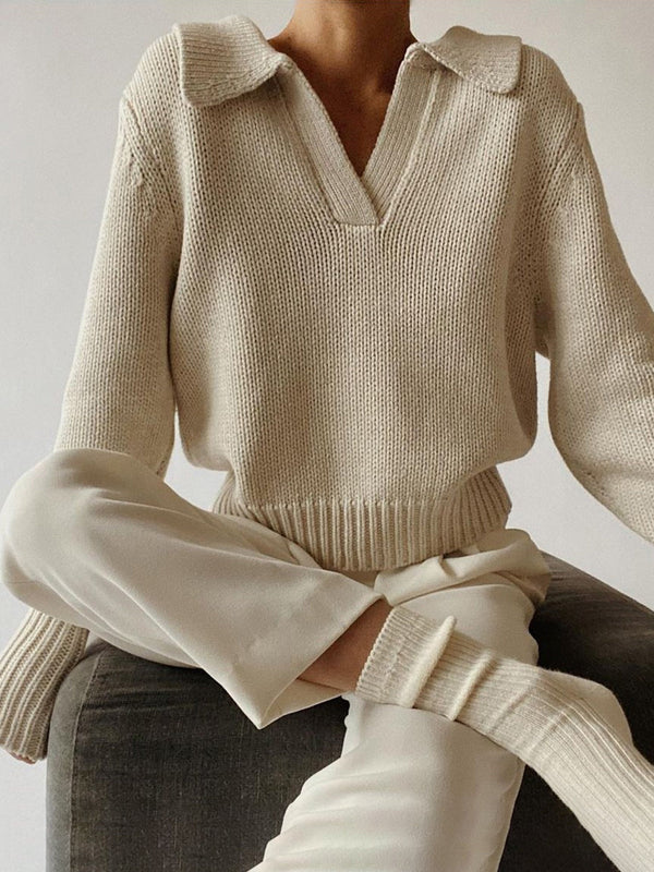 LOVEVVR Lapel Ribbed Pullover Sweater