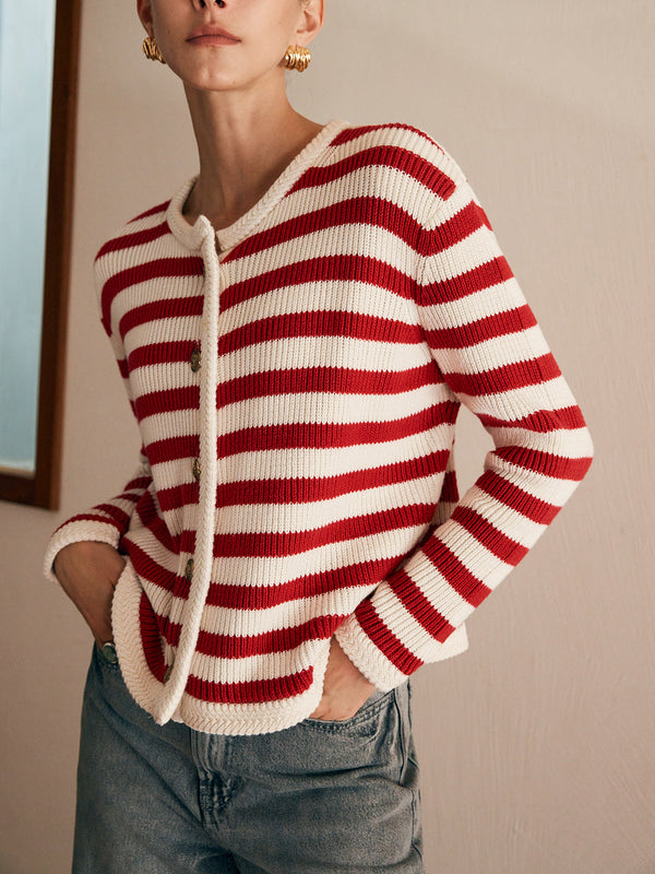 LOVEVVR Crew Neck Striped Jersey Cardigan