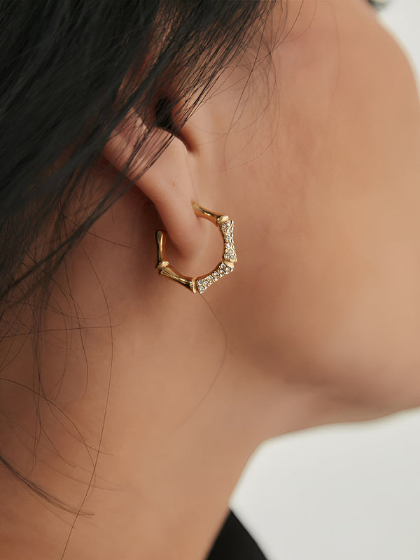 LOVEVVR Bamboo Rhinestone Hoop Earrings