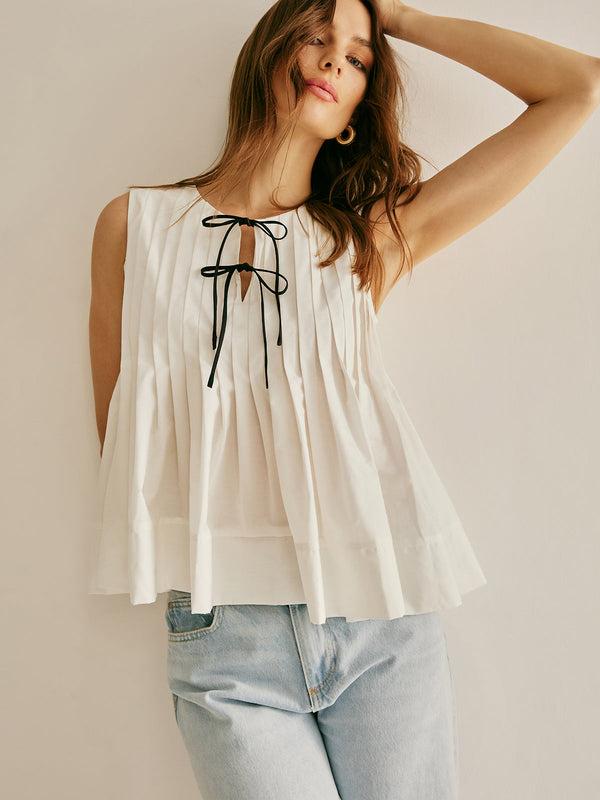 LOVEVVR Cotton Ruffle Pleated Tie Front Blouse