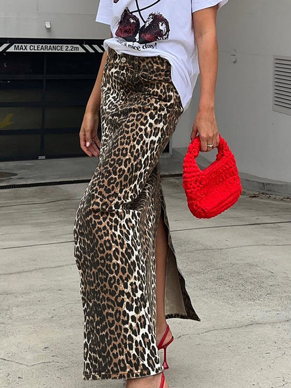 LOVEVVR Cotton Leopard Print Split Midi Dress