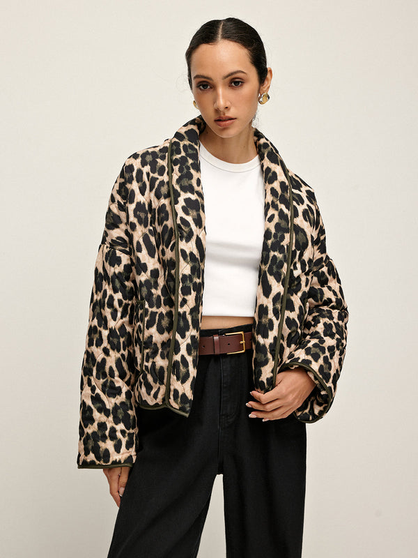 LOVEVVR Leopard Printed Lapel Winter Coat