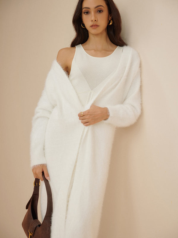 LOVEVVR Elegant Fuzzy Plain Belted Cardigan