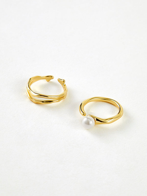 LOVEVVR 2pcs Golden Wavy Pearl Open Ring