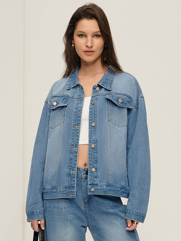 LOVEVVR Lapel Pockets Denim Jacket