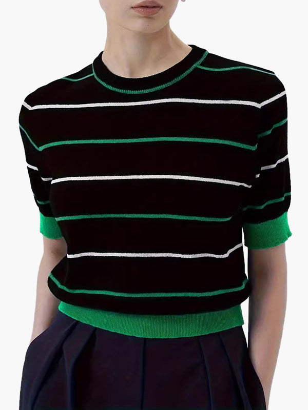 LOVEVVR Crew Neck Striped Knit Top