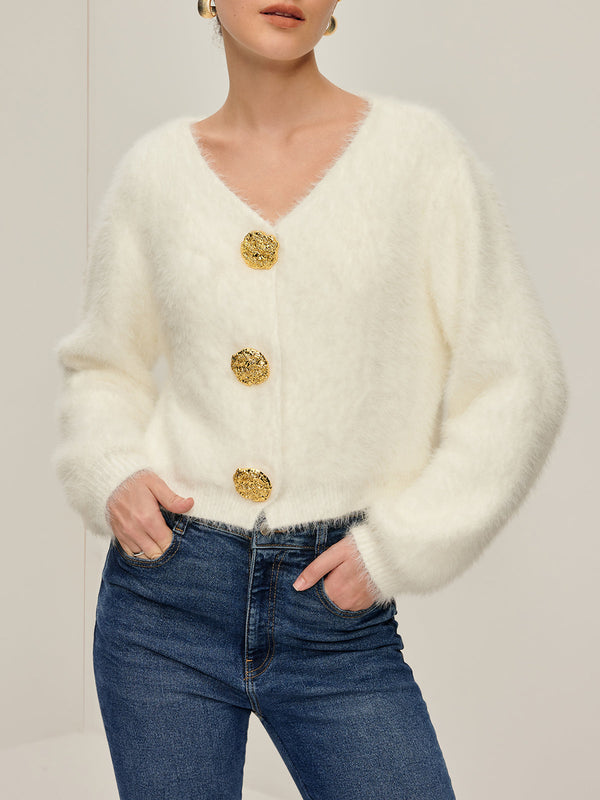 LOVEVVR Fuzzy Golden Button Cardigan