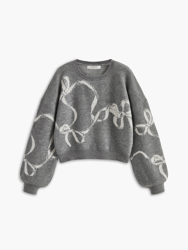 LOVEVVR Bow Printed Loose Pullover Sweater