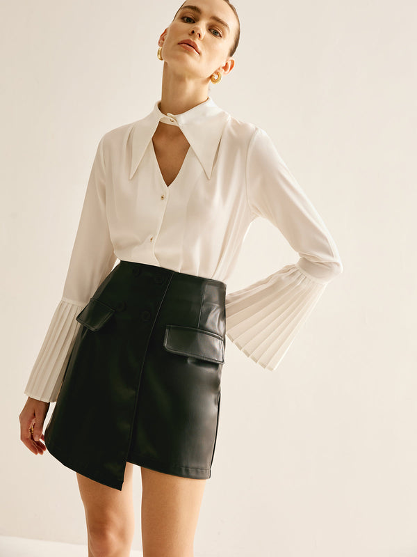 LOVEVVR Cutout Plain Button Pleated Cuff Shirt