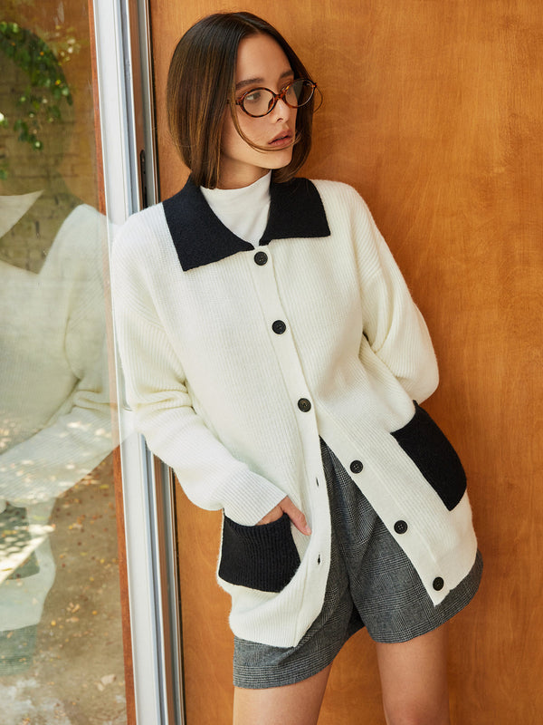 LOVEVVR Color Block Lapel Oversize Cardigan