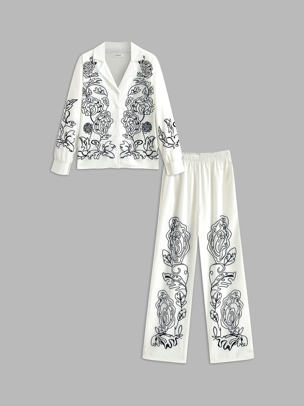 LOVEVVR Lapel Printed Elastic Waist Pants Set