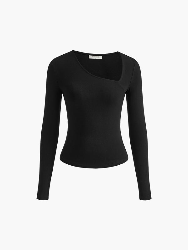 LOVEVVR Asymmetrical Plain Long Sleeve T-Shirt