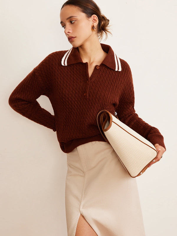 LOVEVVR Cable Knit Button Polo Sweater