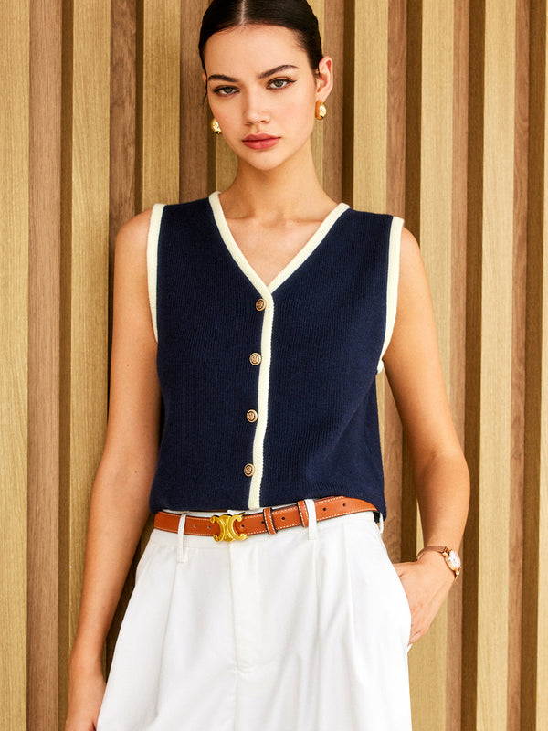 LOVEVVR Contrast Binding Golden Button Sweater Vest