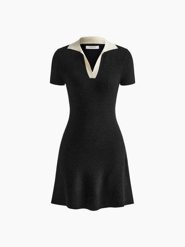 LOVEVVR Contrast Collar Flowy Sweater Short Dress