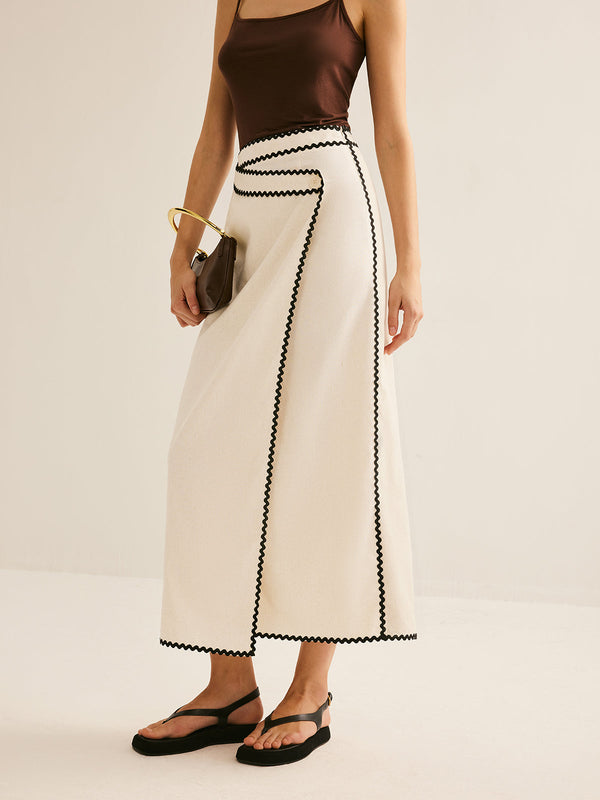 LOVEVVR Cotton & Linen Wave Trim Midi Skirt