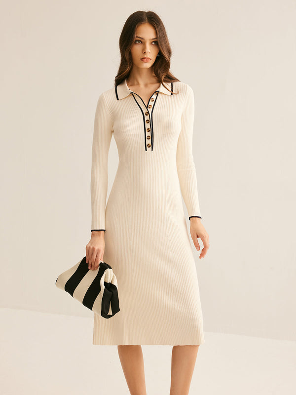 LOVEVVR Contrast Trim Lapel Sweater Dress