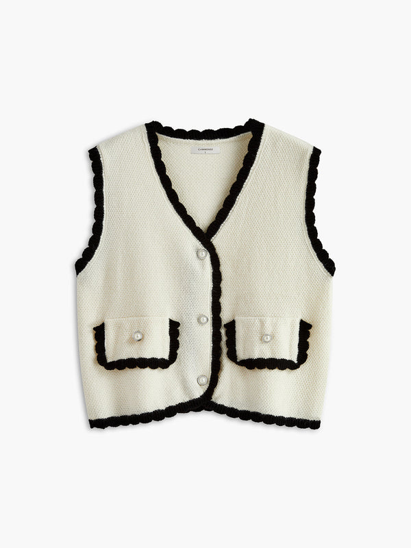 LOVEVVR Contrast Wave Trim Breasted Sweater Vest