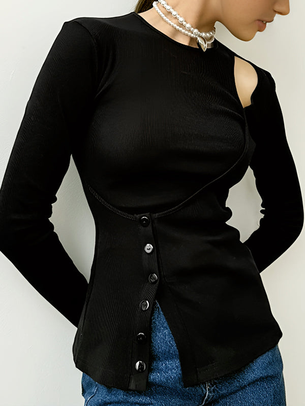 LOVEVVR Cutout Panel Button Blouse