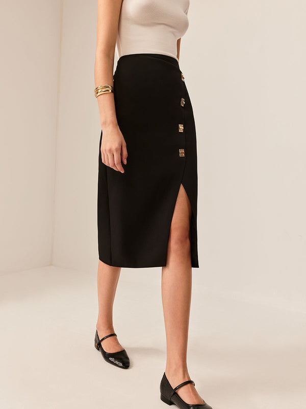 LOVEVVR Metal-Detail Split Midi Skirt