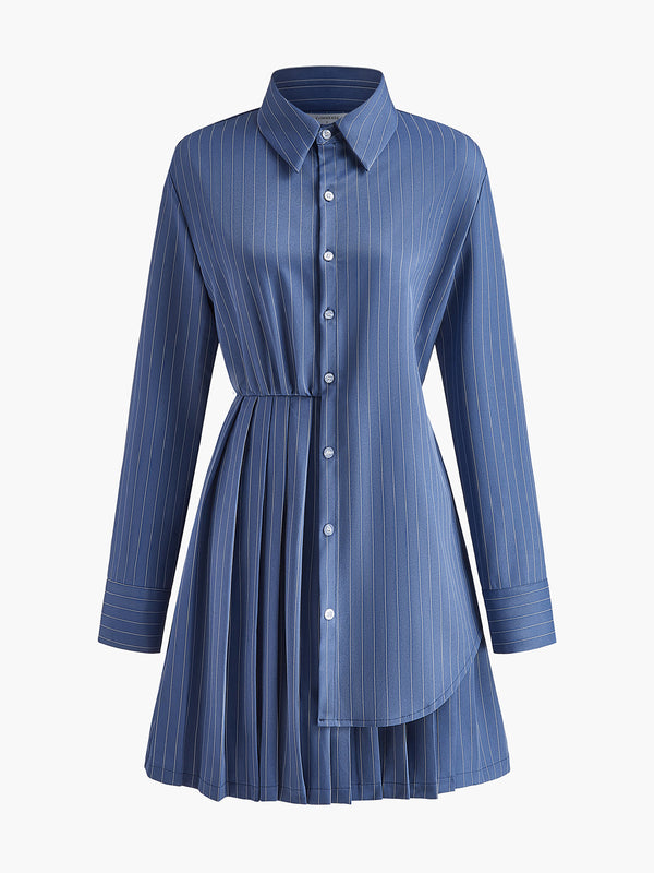 LOVEVVR Asymmetrical Pinstripe Pleated Lapel Dress