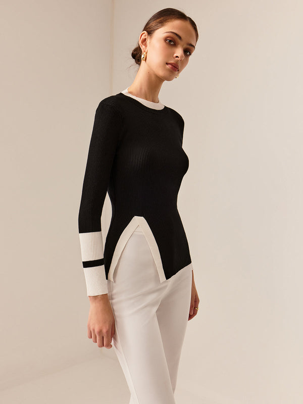 LOVEVVR Contrast Trim Slit Stretch Knit Top