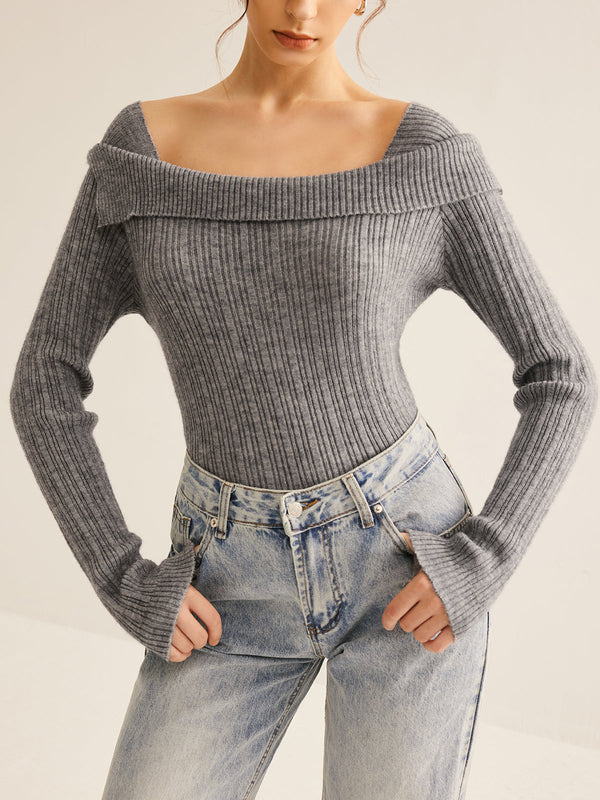 LOVEVVR Cold Shoulder Ribbed Slim Sweater