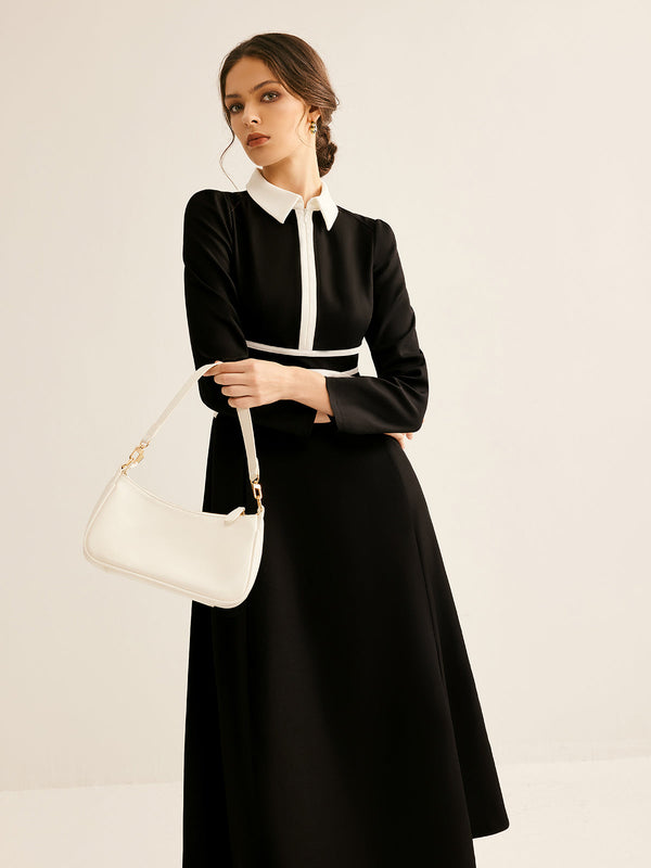 LOVEVVR Contrast Piping Long Sleeve Lapel Dress