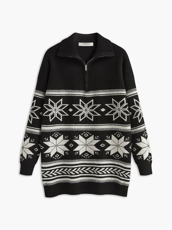 LOVEVVR Jacquard Zipper Lapel Sweater