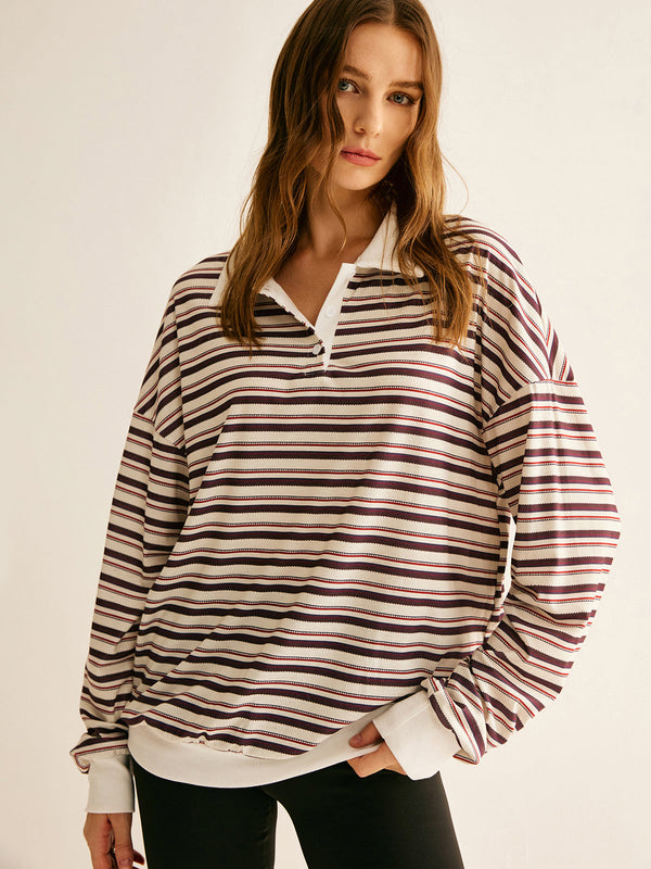 LOVEVVR Contrast Trim Striped Polo Sweatshirt