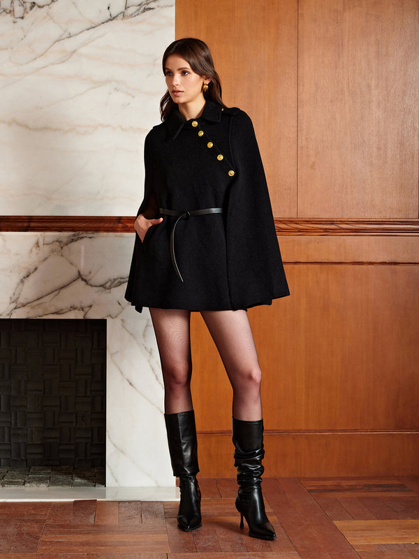 LOVEVVR Golden Button Pockets Belted Cloak