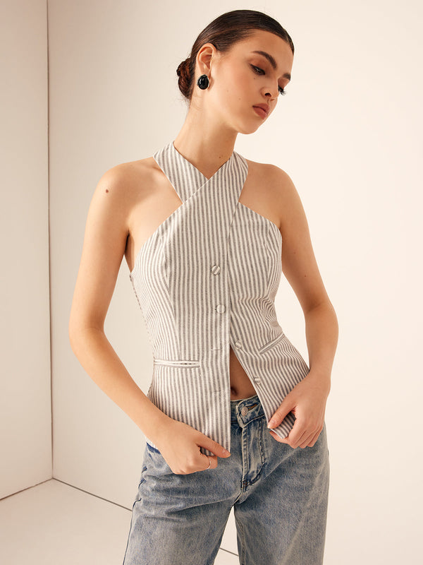 LOVEVVR Cotton & Linen Pinstripe Slim Halter Top