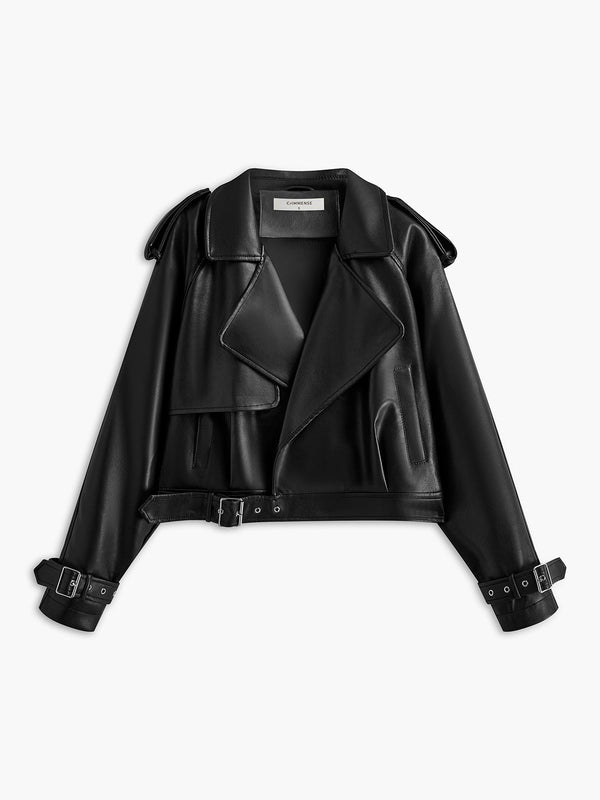 LOVEVVR Faux Leather Buckle-Belted Jacket