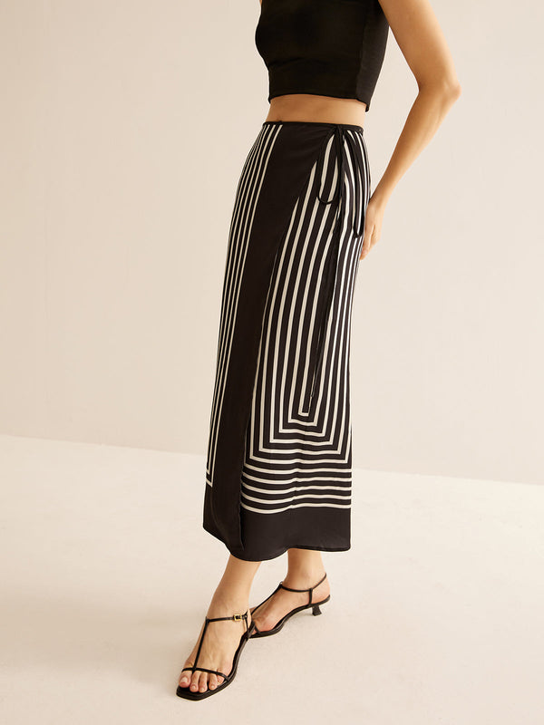 LOVEVVR Geometric Pinstripe Satin Wrap Tie Skirt