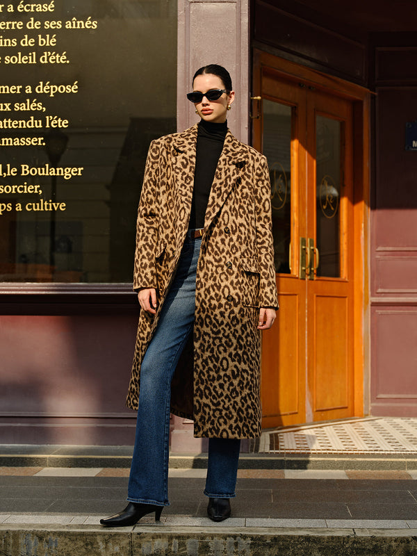 LOVEVVR Leopard Pockets Long Wool Coat