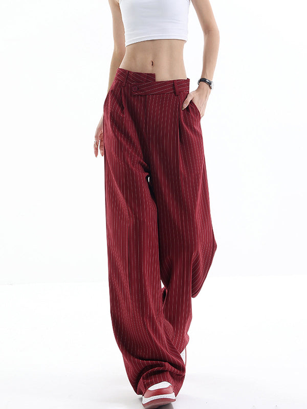 LOVEVVR Asymmetrical High-Waist Pinstripe Pants