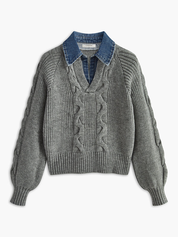 LOVEVVR Denim Panel Ribbed Lapel Sweater