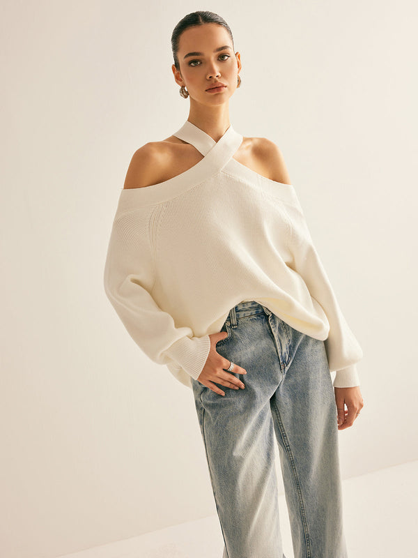 LOVEVVR Cross-Over Collar Cold-Shoulder Sweater