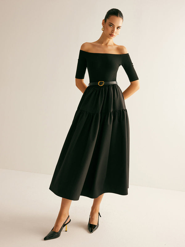 LOVEVVR Cold-Shoulder Panel Pleated Belted Dress