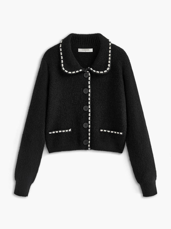 LOVEVVR Contrast Trim Lapel Cardigan