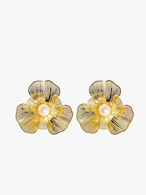 LOVEVVR 3D Metal Flower Pearl Earrings