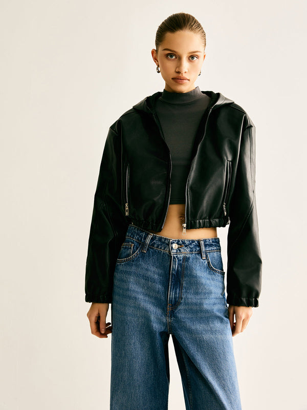 LOVEVVR Hooded PU Leather Crop Jacket