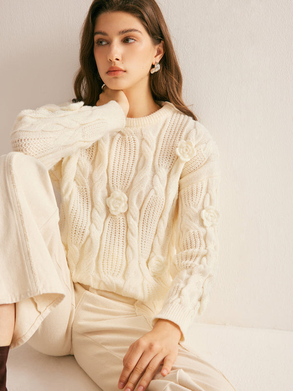 LOVEVVR 3D Flower Cable-Knit Pullover Sweater