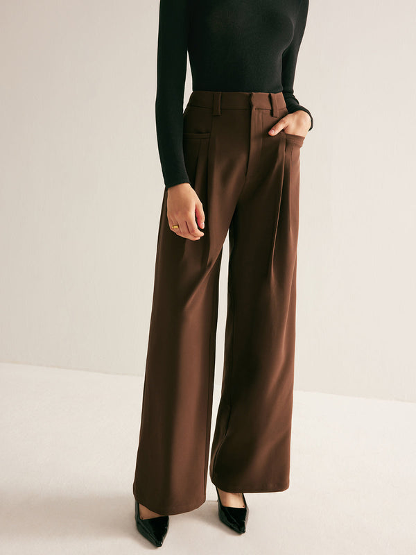 LOVEVVR Casual Pleated Mid Waist Pants